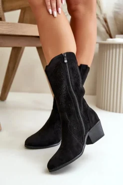 Botki Na Słupku|Botki Ażurowe>Boto Ażurowe Damskie Botki Kowbojki Na Obcasie Czarne Iceda