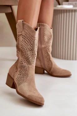 Boto Ażurowe Damskie Botki Kowbojki Na Obcasie Brązowe Iceda