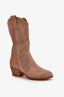 Boto Ażurowe Damskie Botki Kowbojki Na Obcasie Brązowe Iceda