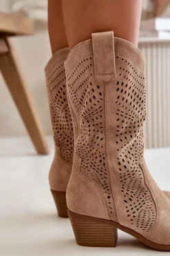 Boto Ażurowe Damskie Botki Kowbojki Na Obcasie Brązowe Iceda