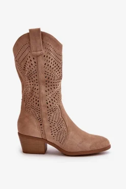 Boto Ażurowe Damskie Botki Kowbojki Na Obcasie Brązowe Iceda