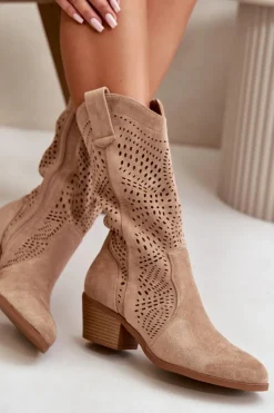 Boto Ażurowe Damskie Botki Kowbojki Na Obcasie Brązowe Iceda