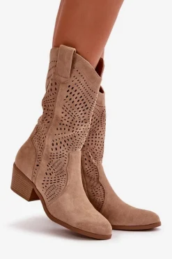 Boto Ażurowe Damskie Botki Kowbojki Na Obcasie Brązowe Iceda