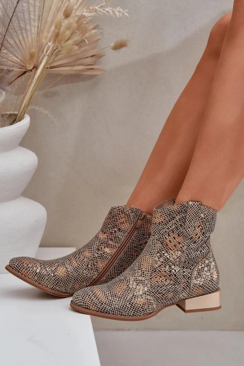 Boto Ażurowe Damskie Botki Na Niskim Obcasie Ozdobione Zwierzęcym Wzorem Złote Neliawen Złoty