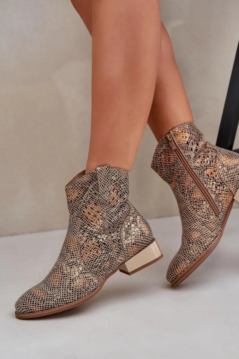 Boto Ażurowe Damskie Botki Na Niskim Obcasie Ozdobione Zwierzęcym Wzorem Złote Neliawen Złoty