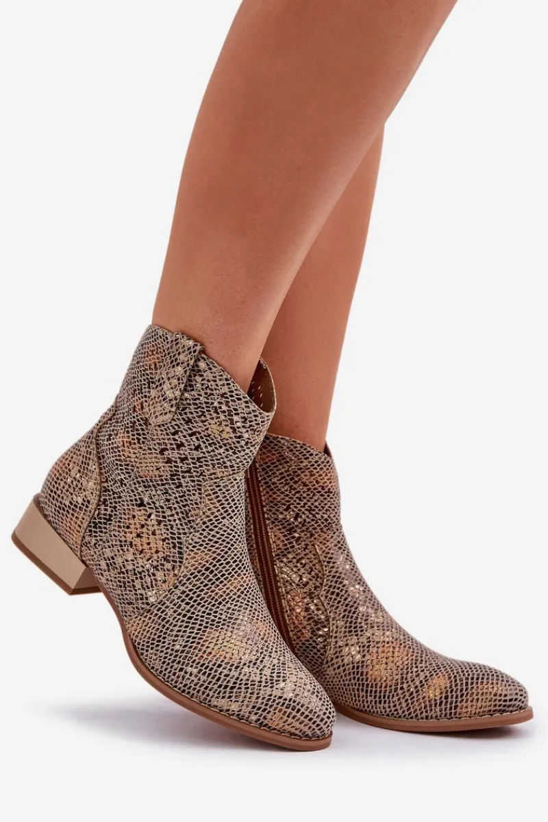 Boto Ażurowe Damskie Botki Na Niskim Obcasie Ozdobione Zwierzęcym Wzorem Złote Neliawen Złoty
