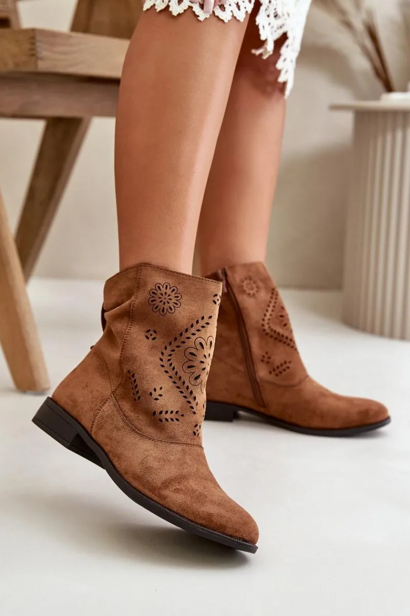 Brązowe I Beżowe Botki|Botki Płaskie>Boto Ażurowe Damskie Niskie Botki Zapinane Na Zamek Brązowe Irinette Brązowy
