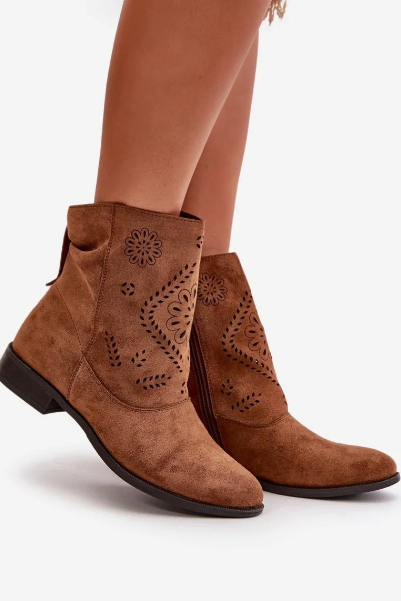 Brązowe I Beżowe Botki|Botki Płaskie>Boto Ażurowe Damskie Niskie Botki Zapinane Na Zamek Brązowe Irinette Brązowy