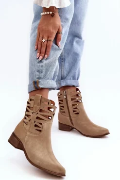 Botki Wiosenne|Botki Skórzane>Boto Ażurowe Damskie Skórzane Botki Beżowe Lewski 3329