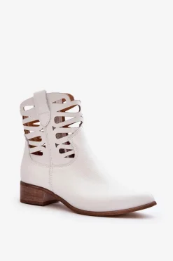 Discount Ażurowe Damskie Skórzane Botki Białe Lewski 3329 Damskie Botki Skórzane|Brązowe I Beżowe Botki