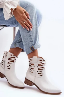 Discount Ażurowe Damskie Skórzane Botki Białe Lewski 3329 Damskie Botki Skórzane|Brązowe I Beżowe Botki