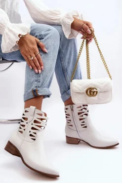 Discount Ażurowe Damskie Skórzane Botki Białe Lewski 3329 Damskie Botki Skórzane|Brązowe I Beżowe Botki