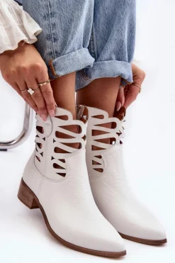 Discount Ażurowe Damskie Skórzane Botki Białe Lewski 3329 Damskie Botki Skórzane|Brązowe I Beżowe Botki