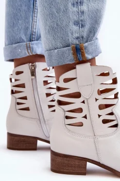 Discount Ażurowe Damskie Skórzane Botki Białe Lewski 3329 Damskie Botki Skórzane|Brązowe I Beżowe Botki