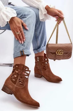 Boto Ażurowe Damskie Skórzane Botki Brązowe Lewski 3329