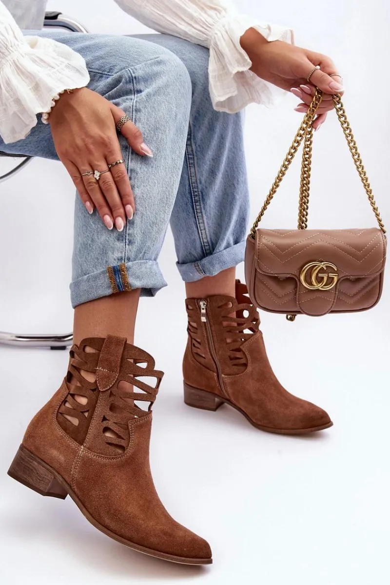 Boto Ażurowe Damskie Skórzane Botki Brązowe Lewski 3329