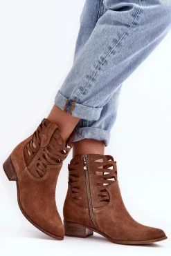 Boto Ażurowe Damskie Skórzane Botki Brązowe Lewski 3329