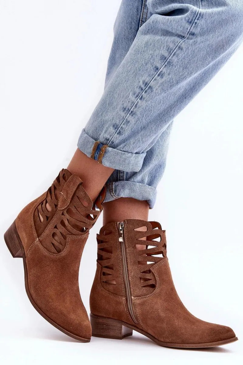 Boto Ażurowe Damskie Skórzane Botki Brązowe Lewski 3329