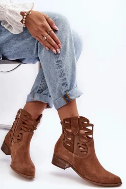 Boto Ażurowe Damskie Skórzane Botki Brązowe Lewski 3329