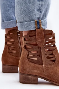 Boto Ażurowe Damskie Skórzane Botki Brązowe Lewski 3329