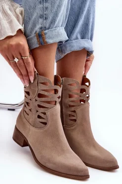 Hot Ażurowe Damskie Skórzane Botki Ciemnobeżowe Lewski 3329 Damskie Botki Wiosenne|Botki Skórzane