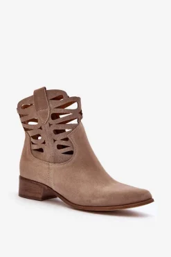 Hot Ażurowe Damskie Skórzane Botki Ciemnobeżowe Lewski 3329 Damskie Botki Wiosenne|Botki Skórzane