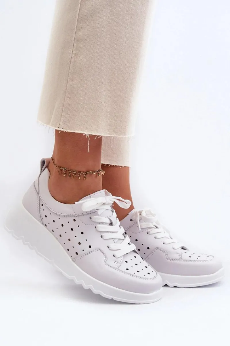 Clearance Ażurowe Damskie Sneakersy Na Koturnie Skóra Naturalna Jasnoszare S.Barski LR482 Damskie Sneakersy Damskie