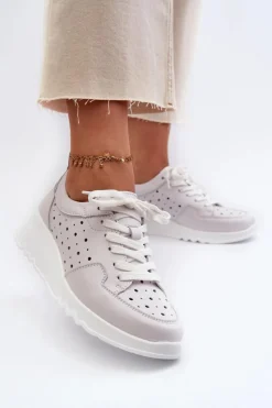 Clearance Ażurowe Damskie Sneakersy Na Koturnie Skóra Naturalna Jasnoszare S.Barski LR482 Damskie Sneakersy Damskie