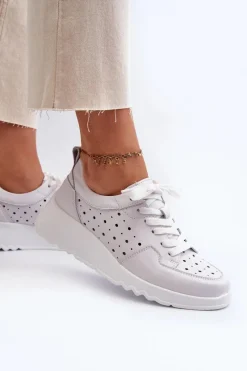 Clearance Ażurowe Damskie Sneakersy Na Koturnie Skóra Naturalna Jasnoszare S.Barski LR482 Damskie Sneakersy Damskie