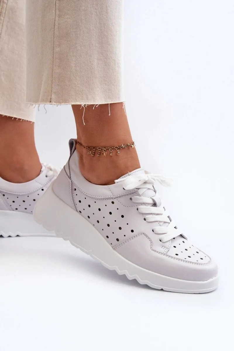 Clearance Ażurowe Damskie Sneakersy Na Koturnie Skóra Naturalna Jasnoszare S.Barski LR482 Damskie Sneakersy Damskie