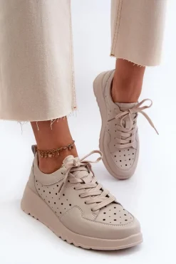 Damskie buty S.Barski Ażurowe Damskie Sneakersy Na Koturnie Skóra Naturalna Beżowe S.Barski LR482