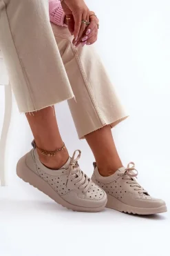 Damskie buty S.Barski Ażurowe Damskie Sneakersy Na Koturnie Skóra Naturalna Beżowe S.Barski LR482