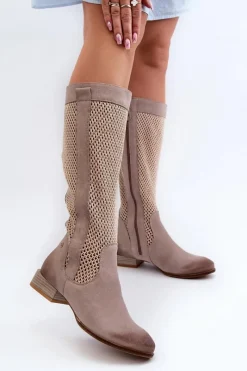 Kozaki Wiosenne|Kozaki Ażurowe>Maciejka Ażurowe Kozaki Damskie Na Niskim Obcasie Z Naturalnego Zamszu 06467-04 Beżowe