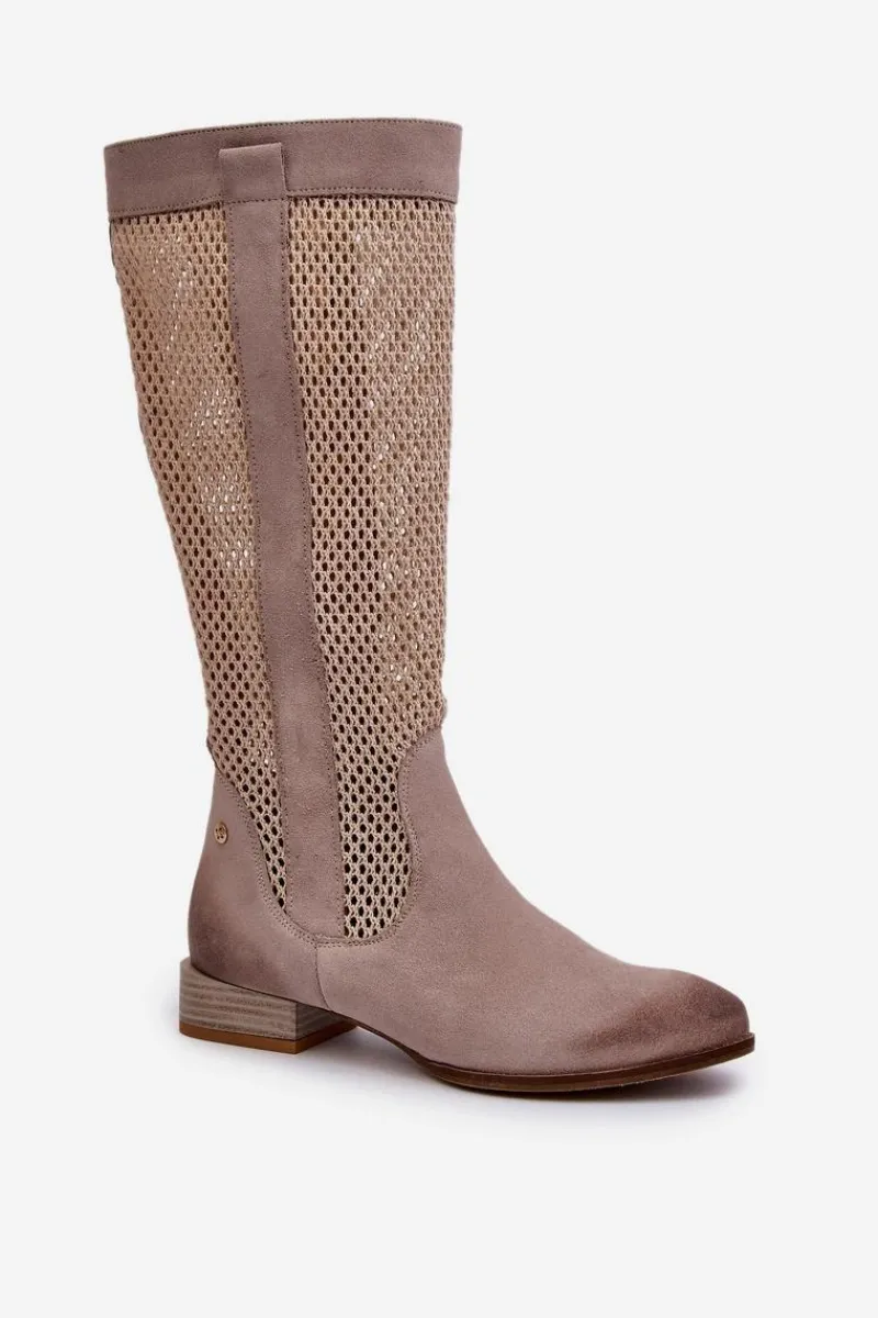 Kozaki Wiosenne|Kozaki Ażurowe>Maciejka Ażurowe Kozaki Damskie Na Niskim Obcasie Z Naturalnego Zamszu 06467-04 Beżowe