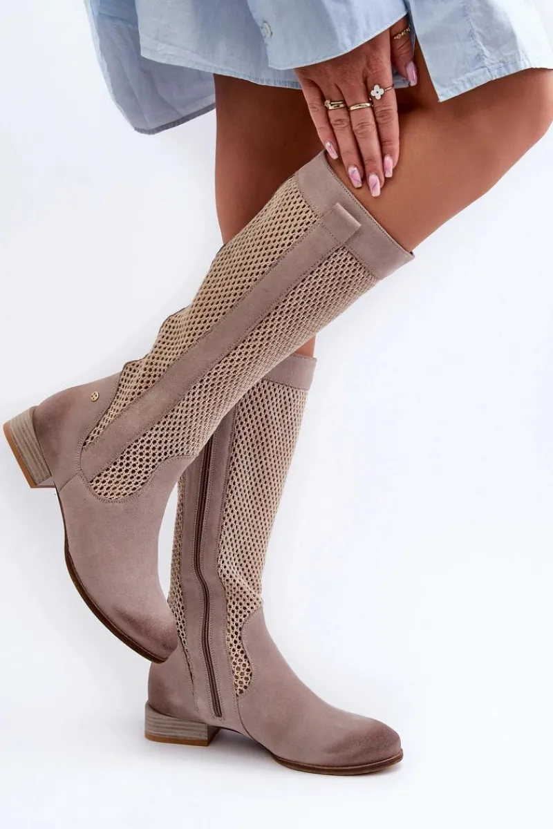 Kozaki Wiosenne|Kozaki Ażurowe>Maciejka Ażurowe Kozaki Damskie Na Niskim Obcasie Z Naturalnego Zamszu 06467-04 Beżowe