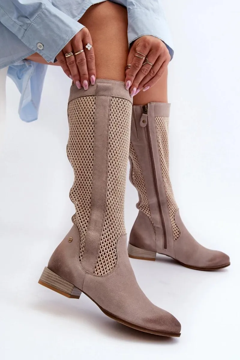Kozaki Wiosenne|Kozaki Ażurowe>Maciejka Ażurowe Kozaki Damskie Na Niskim Obcasie Z Naturalnego Zamszu 06467-04 Beżowe