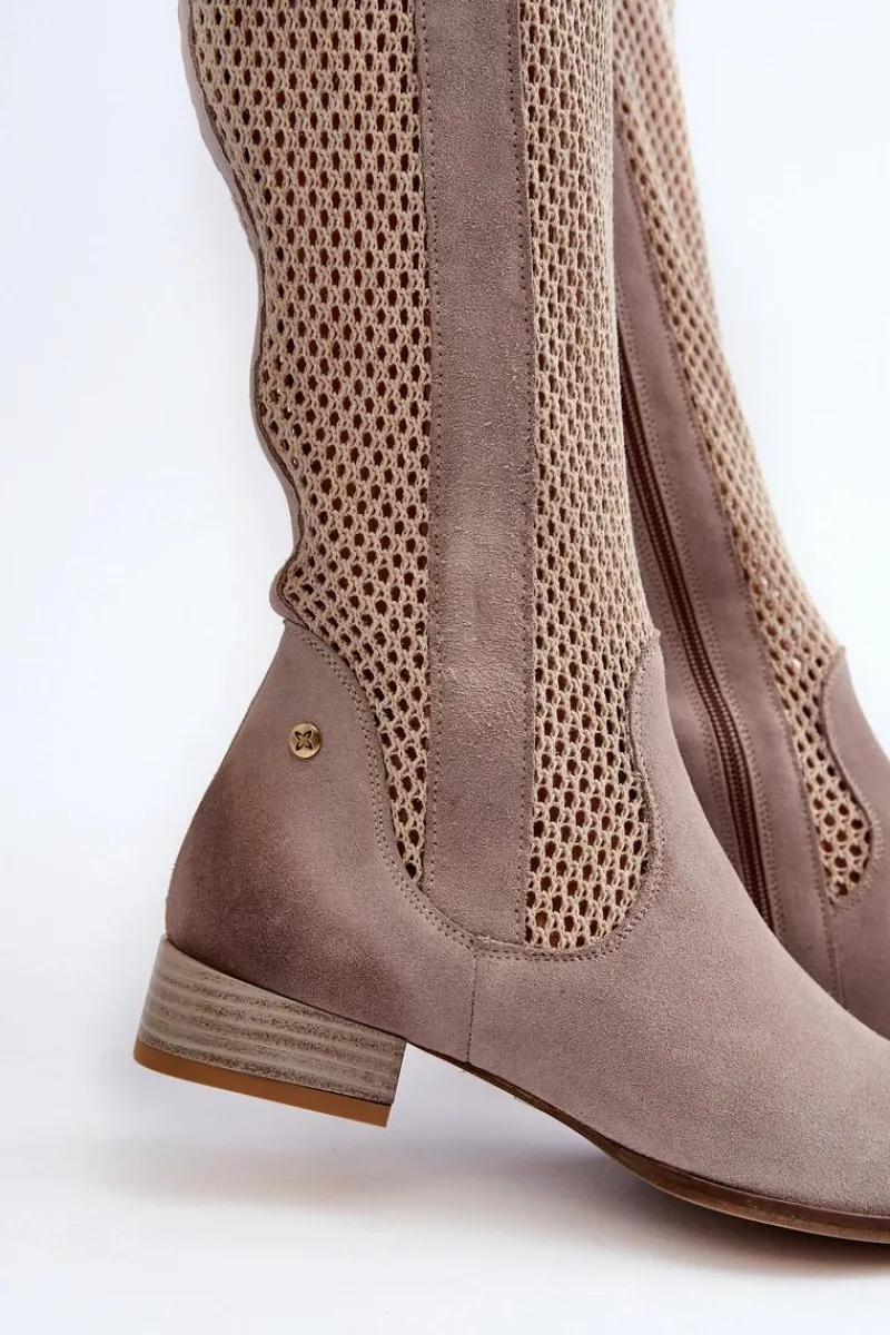Kozaki Wiosenne|Kozaki Ażurowe>Maciejka Ażurowe Kozaki Damskie Na Niskim Obcasie Z Naturalnego Zamszu 06467-04 Beżowe