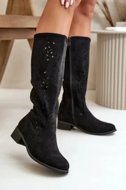 Hot Ażurowe Kozaki Damskie Na Niskim Obcasie Eko Zamszowe Zapinane Na Zamek Czarne Orchides Damskie Kozaki Ocieplane|Kozaki Ażurowe