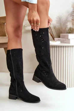 Hot Ażurowe Kozaki Damskie Na Niskim Obcasie Eko Zamszowe Zapinane Na Zamek Czarne Orchides Damskie Kozaki Ocieplane|Kozaki Ażurowe