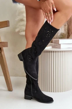 Hot Ażurowe Kozaki Damskie Na Niskim Obcasie Eko Zamszowe Zapinane Na Zamek Czarne Orchides Damskie Kozaki Ocieplane|Kozaki Ażurowe