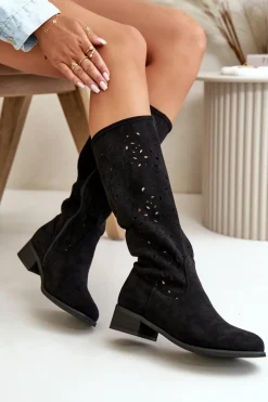 Hot Ażurowe Kozaki Damskie Na Niskim Obcasie Eko Zamszowe Zapinane Na Zamek Czarne Orchides Damskie Kozaki Ocieplane|Kozaki Ażurowe