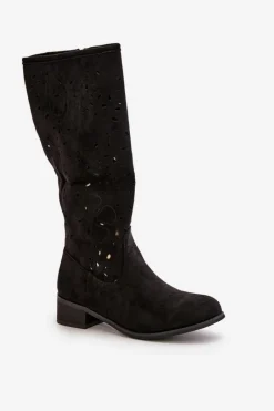 Hot Ażurowe Kozaki Damskie Na Niskim Obcasie Eko Zamszowe Zapinane Na Zamek Czarne Orchides Damskie Kozaki Ocieplane|Kozaki Ażurowe