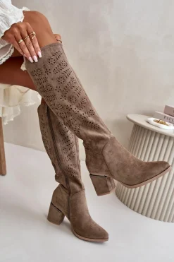 New Ażurowe Kozaki Damskie Na Słupku Z Eko Zamszu Vinceza 16443 Ciemnobeżowe Damskie Kozaki Ażurowe|Kozaki Przed Kolano