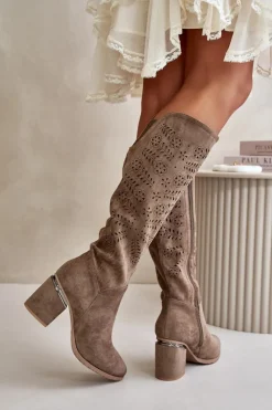 New Ażurowe Kozaki Damskie Na Słupku Z Eko Zamszu Vinceza 16443 Ciemnobeżowe Damskie Kozaki Ażurowe|Kozaki Przed Kolano