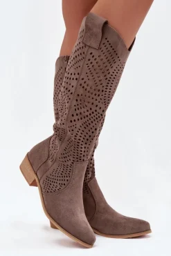 Kozaki Ocieplane|Kozaki Ażurowe>Boto Ażurowe Kozaki Damskie Na Klocku Przed Kolano Ciemnobeżowe Fioris