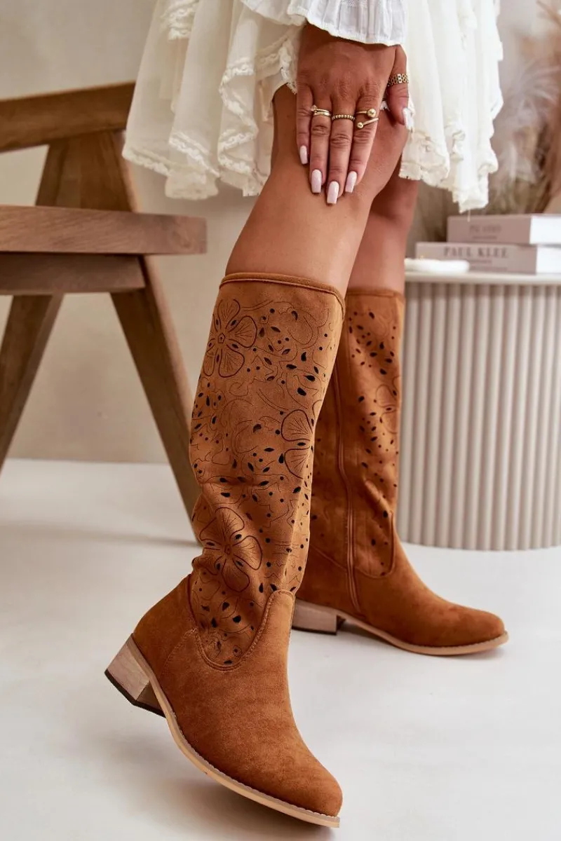 Kozaki Ocieplane|Kozaki Ażurowe>Boto Ażurowe Kozaki Damskie Na Niskim Obcasie Eko Zamszowe Zapinane Na Zamek Camel Orchides