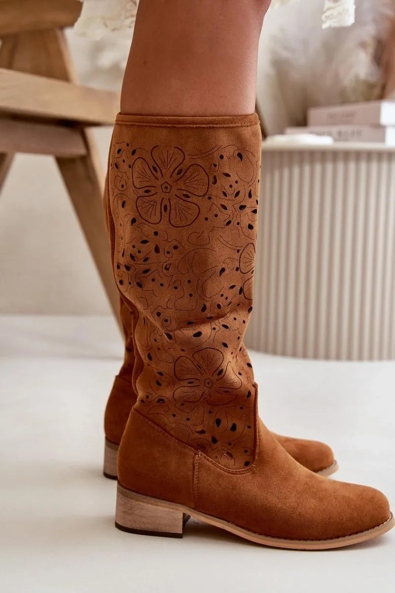 Kozaki Ocieplane|Kozaki Ażurowe>Boto Ażurowe Kozaki Damskie Na Niskim Obcasie Eko Zamszowe Zapinane Na Zamek Camel Orchides