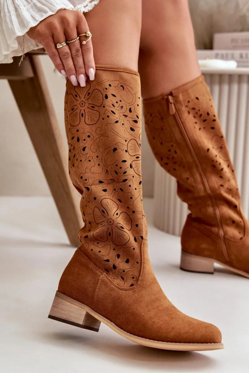 Kozaki Ocieplane|Kozaki Ażurowe>Boto Ażurowe Kozaki Damskie Na Niskim Obcasie Eko Zamszowe Zapinane Na Zamek Camel Orchides