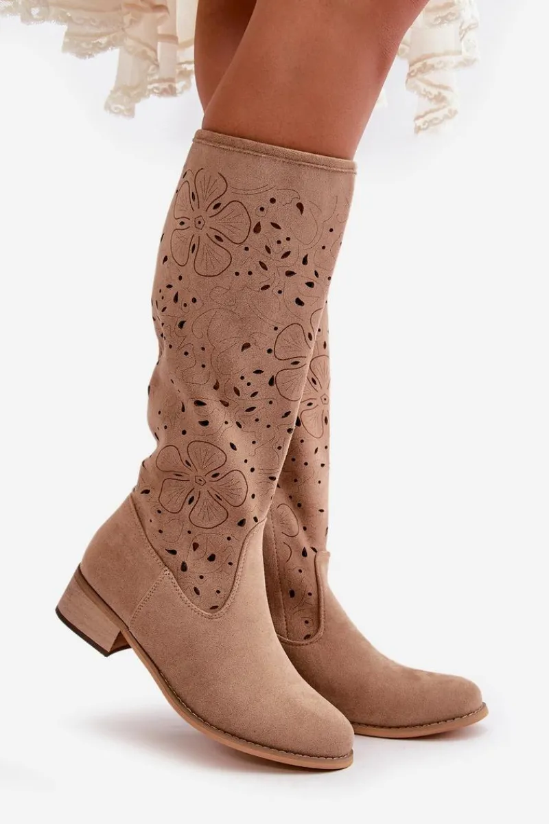 Best Boto Ażurowe Kozaki Damskie Na Niskim Obcasie Eko Zamszowe Zapinane Na Zamek Ciemnobeżowe Orchides