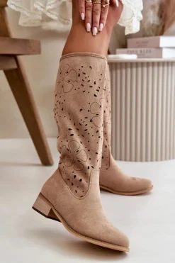 Best Boto Ażurowe Kozaki Damskie Na Niskim Obcasie Eko Zamszowe Zapinane Na Zamek Ciemnobeżowe Orchides